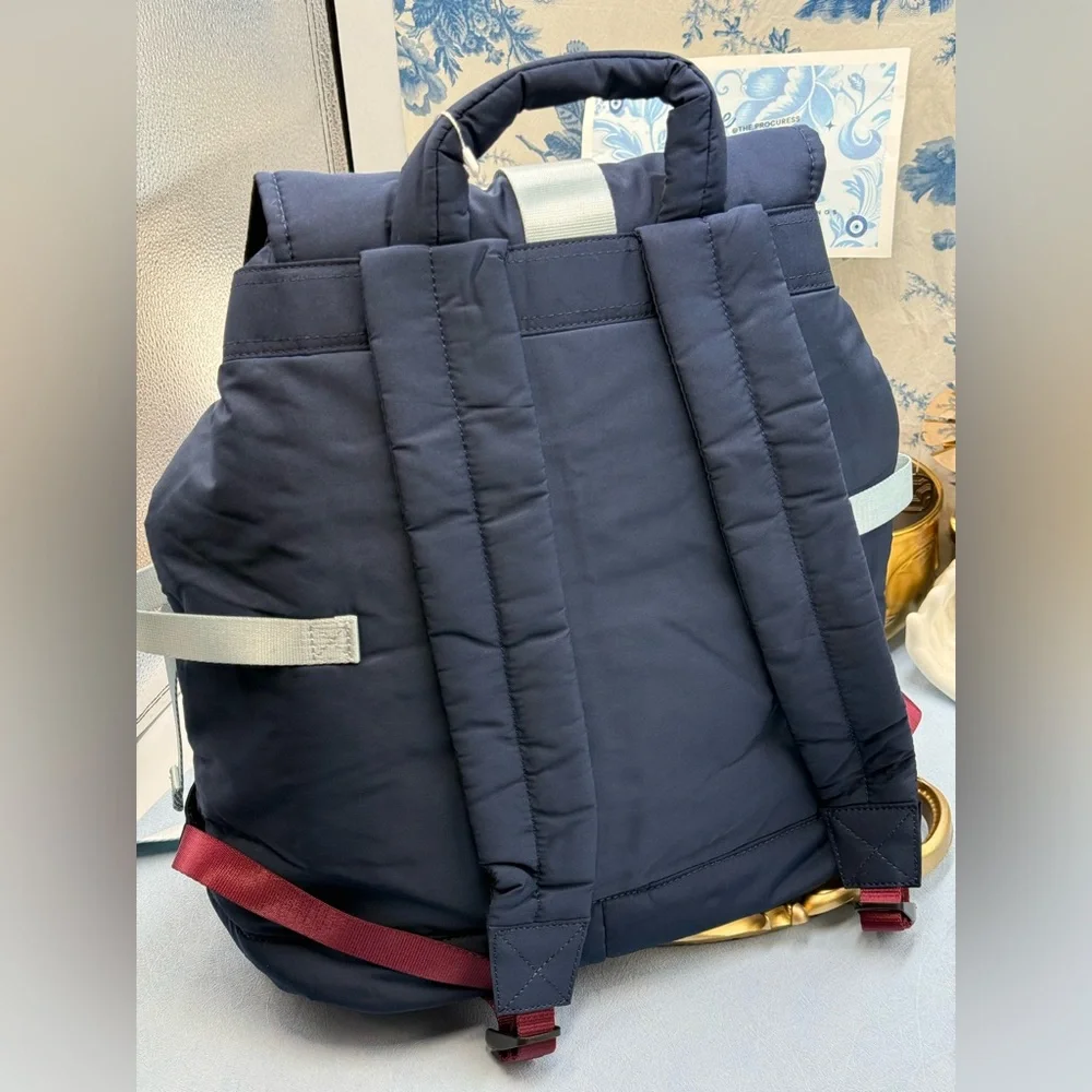 🆕 GANNI 🧿 NWT Recycled Tech Backpack, Peacoat Blue & Burgundy Straps